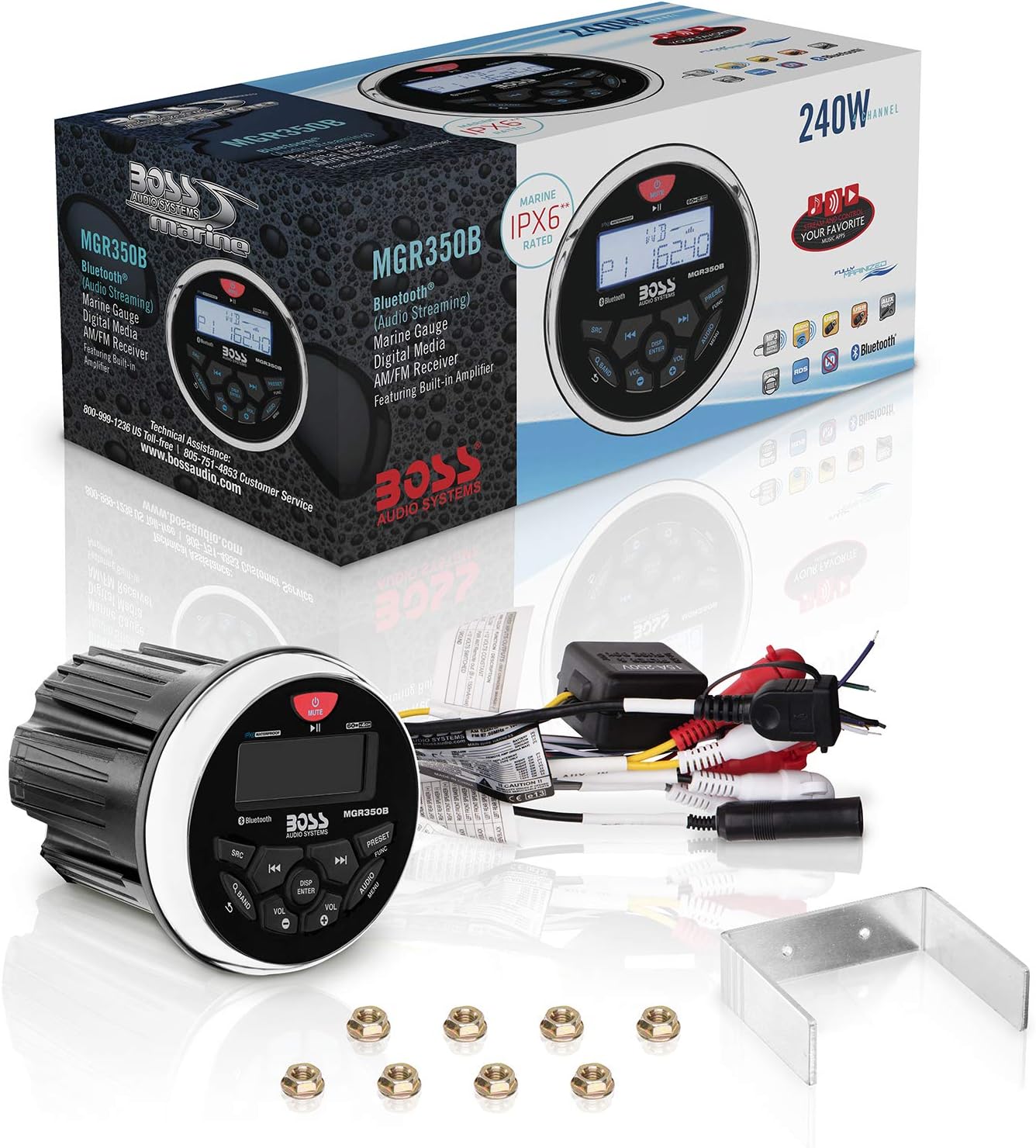 BOSS Audio Systems MGR350B Marine Boat Stereo Gauge Receiver – Bluetooth Head Unit, No CD DVD Player, Built-in 4 Channel Amplifier, Weatherproof, USB, USB Charging