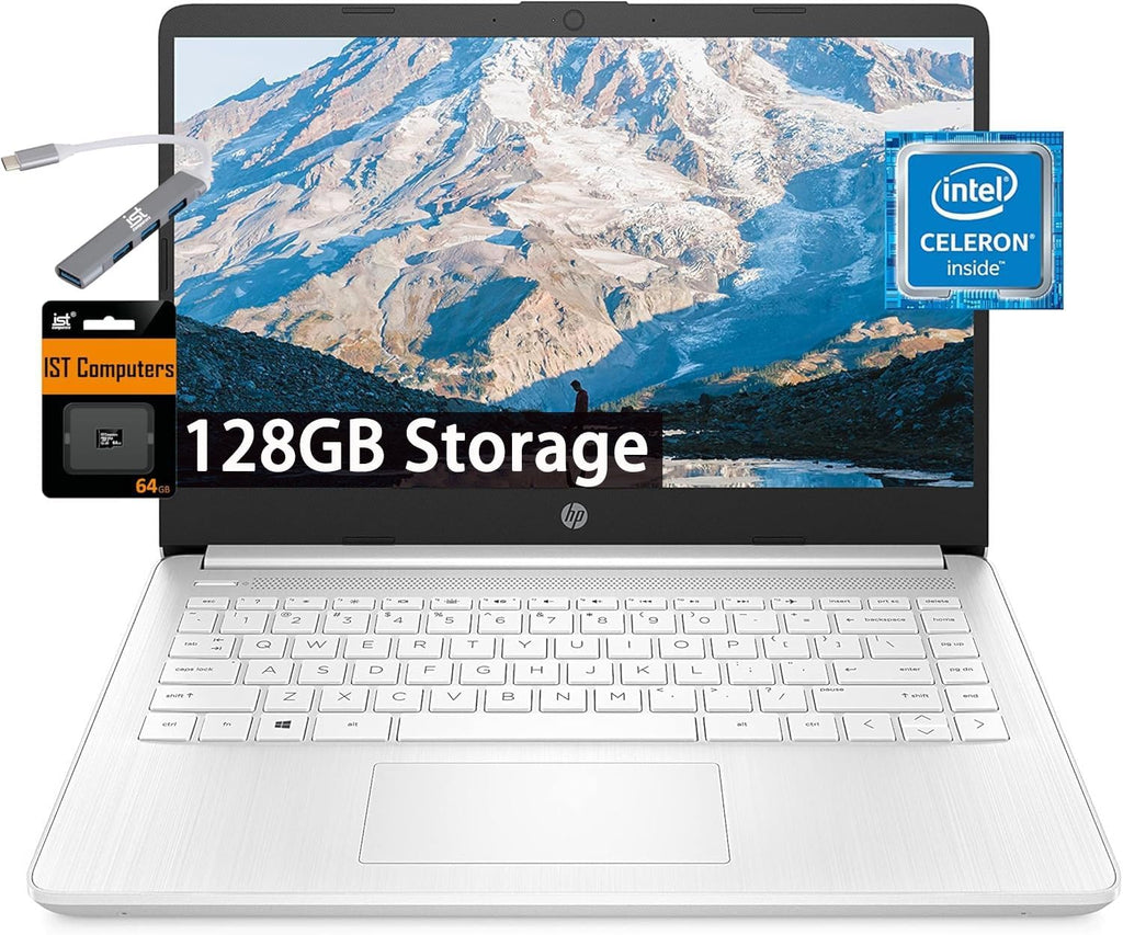 HP 14' Ultra Light Laptop for Student & Home (Intel Quad-Core N4120, 4GB RAM, 128GB (64GB + 64GB SD), 1-Year Office 365) 11-Hr Long Battery Life, IST HUB, Webcam, Win 11 Home in S Mode, Snow White