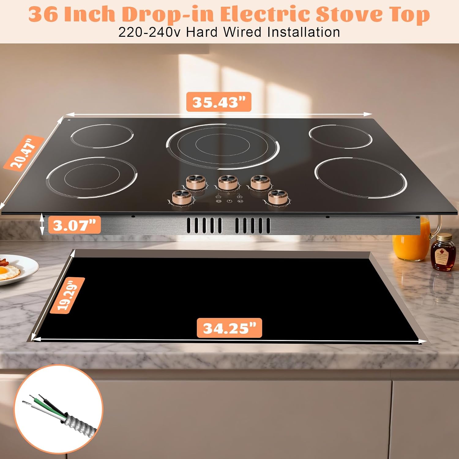 36 Inch Electric Cooktop 220V, 9200W Powerful 5 Burner Electric Stove Top, Built-in Ceramic Cooktop 36' with Dual/Triple Ring Burner, Knob & Touch Control, Safety Lock, 220-240V Hard Wire