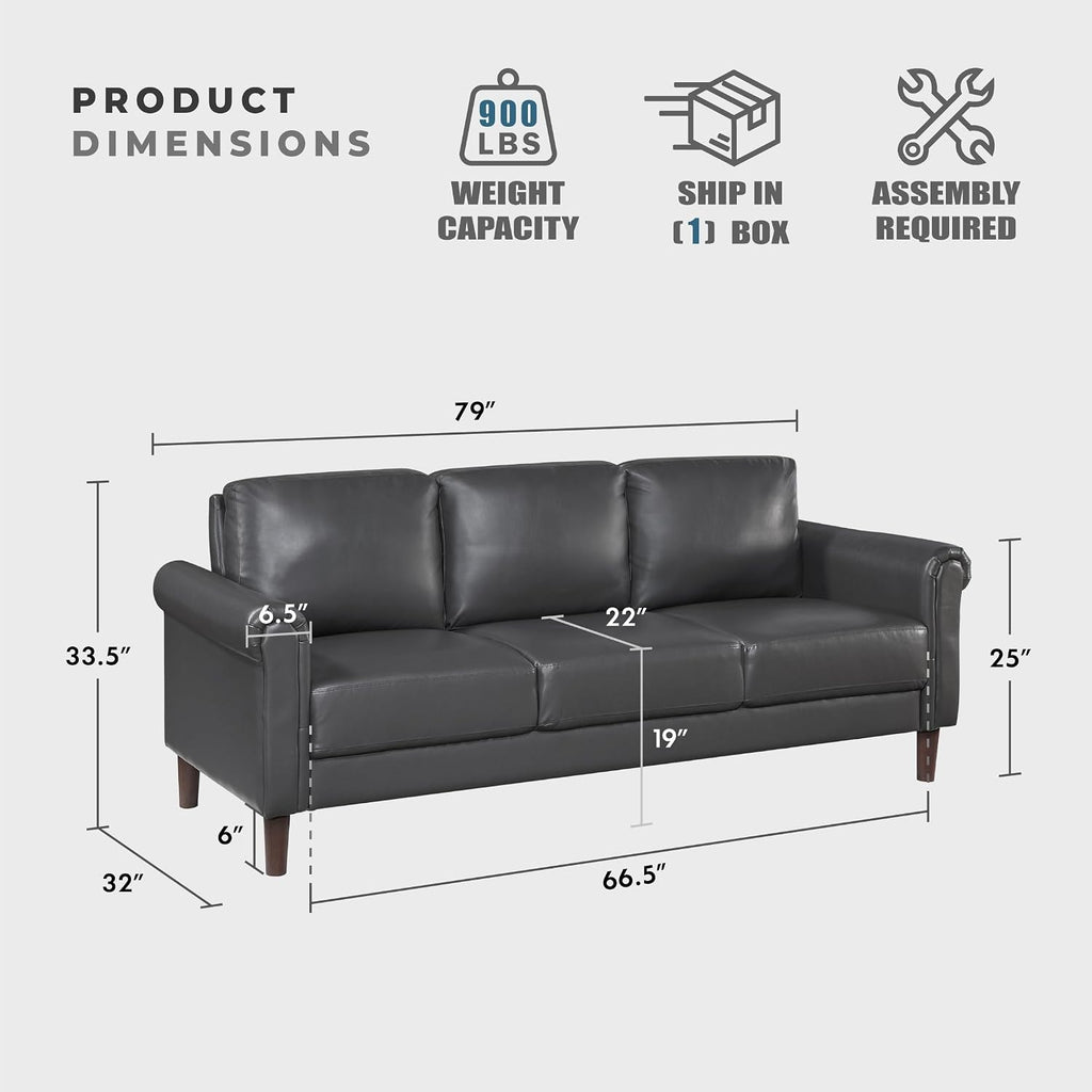 Lexicon 79' W Sofa Couch, Faux Leather Upholstered 3-Seater with Rolled Arms & Wood-Look Feet, Pocket Coil Support, Traditional Living Room, Office or Waiting Room Seating - Dark Gray