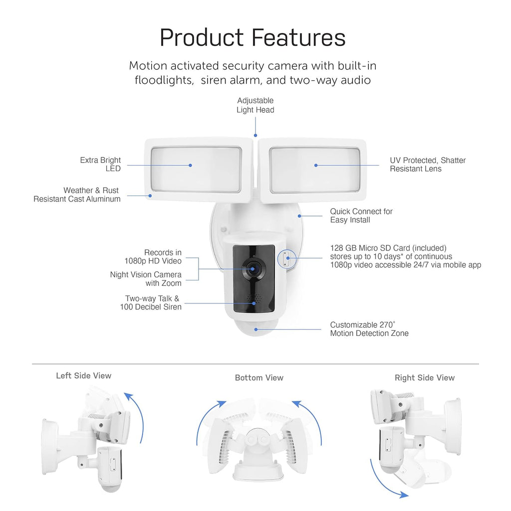 Feit Electric SEC3000/CAM/WIFI Outdoor LED Smart Security Camera with Motion Sensor, 2-Way Audio, 39-Watt Floodlight, Works with Alexa and Google Asst, Alarm, Hardwired, 128 GB Micro SD Card Storage