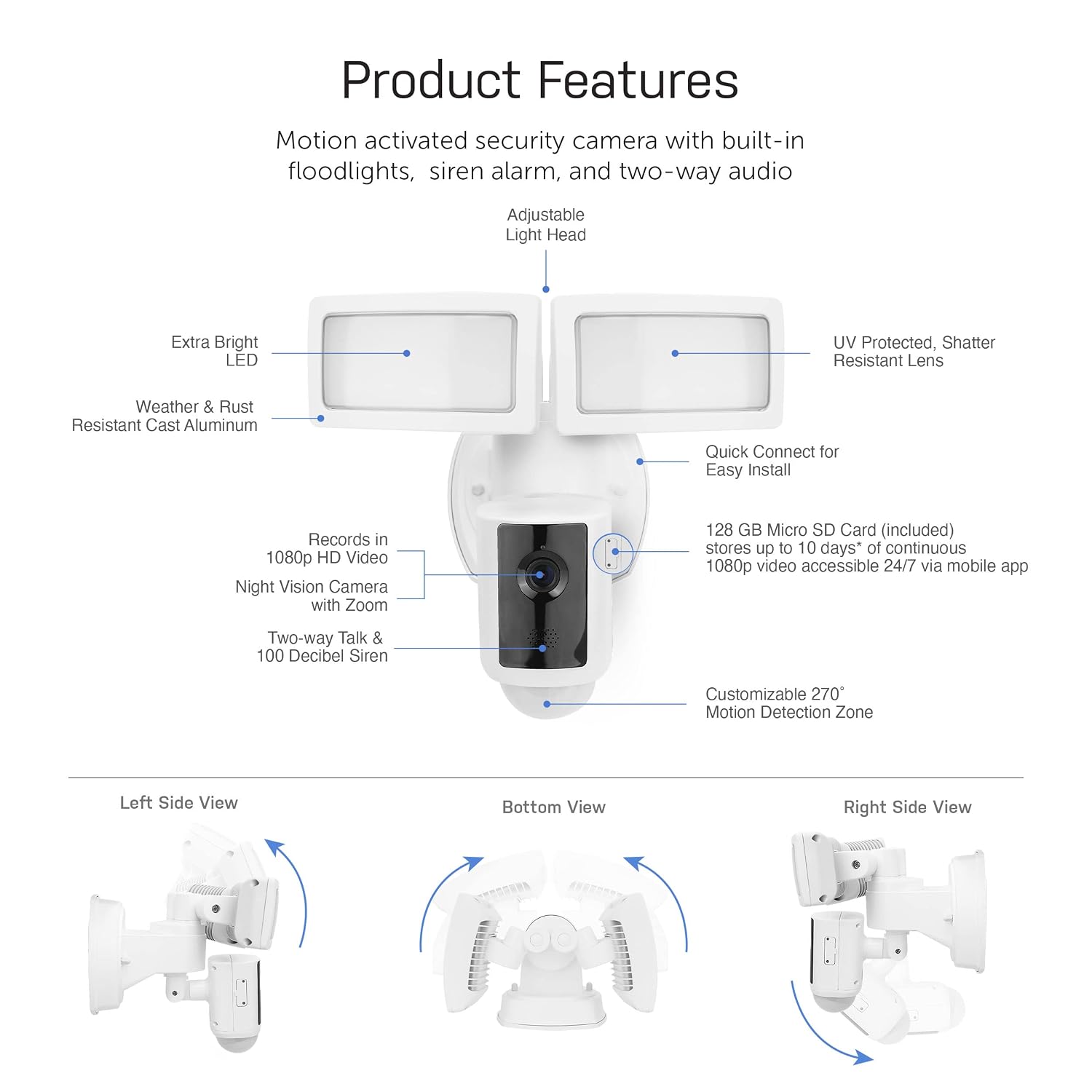 Feit Electric SEC3000/CAM/WIFI Outdoor LED Smart Security Camera with Motion Sensor, 2-Way Audio, 39-Watt Floodlight, Works with Alexa and Google Asst, Alarm, Hardwired, 128 GB Micro SD Card Storage