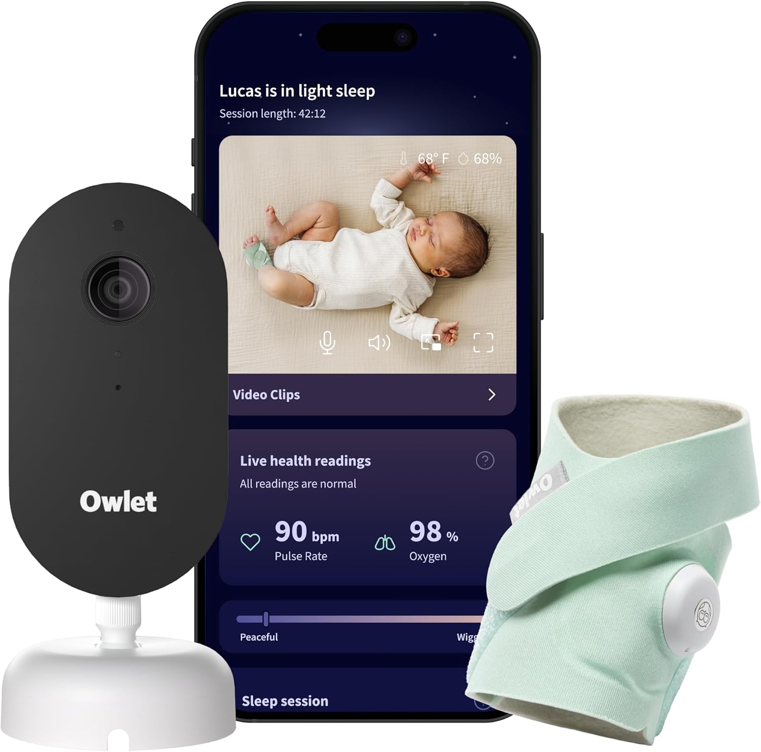 Owlet Dream Duo (Gen 3) Smart Baby Monitor All-in-One Bundle - 2K HD Video Baby Monitor with Alerts & Owlet Dream Sock Tracks Baby's Oxygen, Heart Rate & Sleep | Health Insights via App