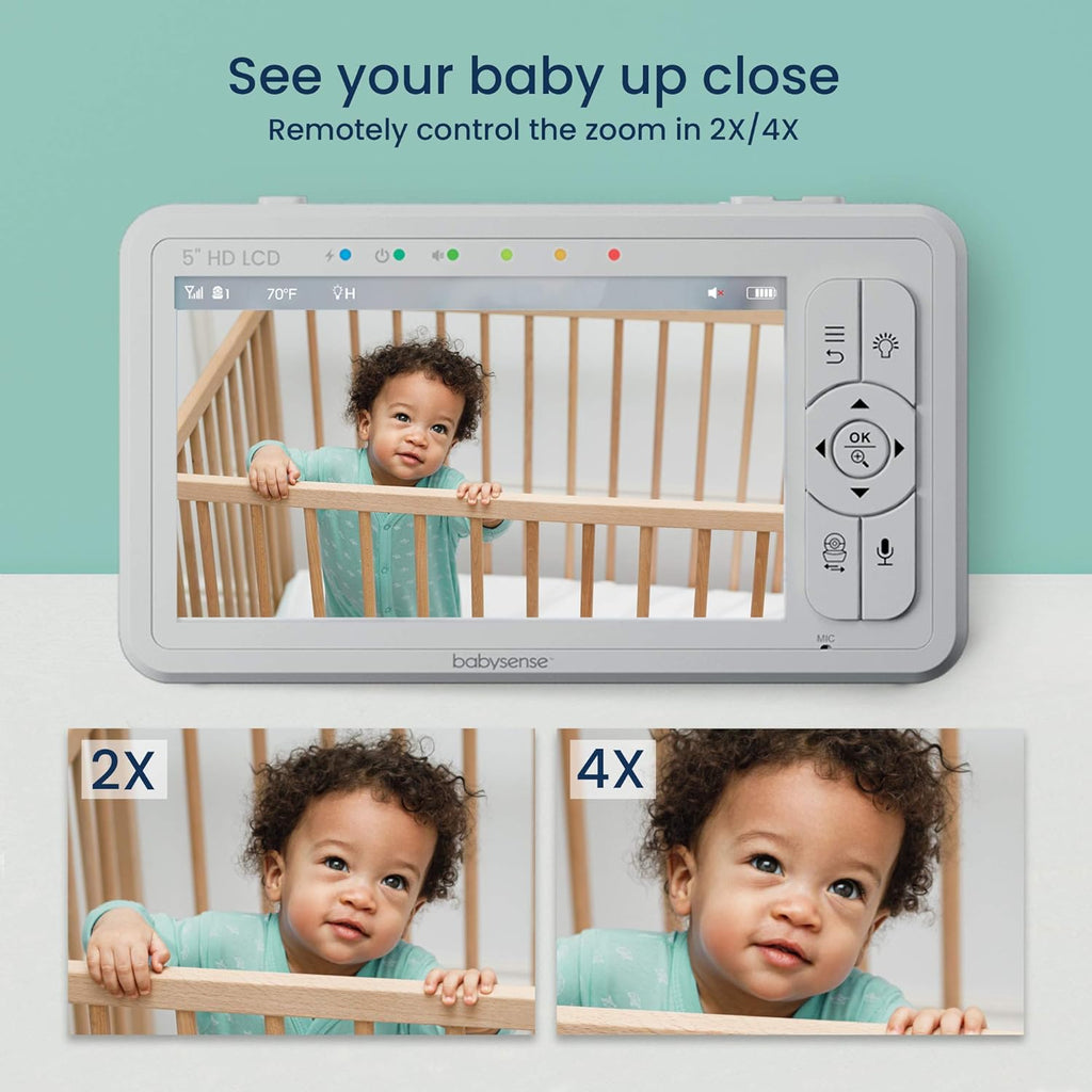 Babysense 5' HD Split-Screen Baby Monitor, Video Baby Monitor with 2 Cameras and Audio, Night Light, 1000ft Range, Two-Way Audio, 4X Zoom, Night Vision, 4000mAh Battery