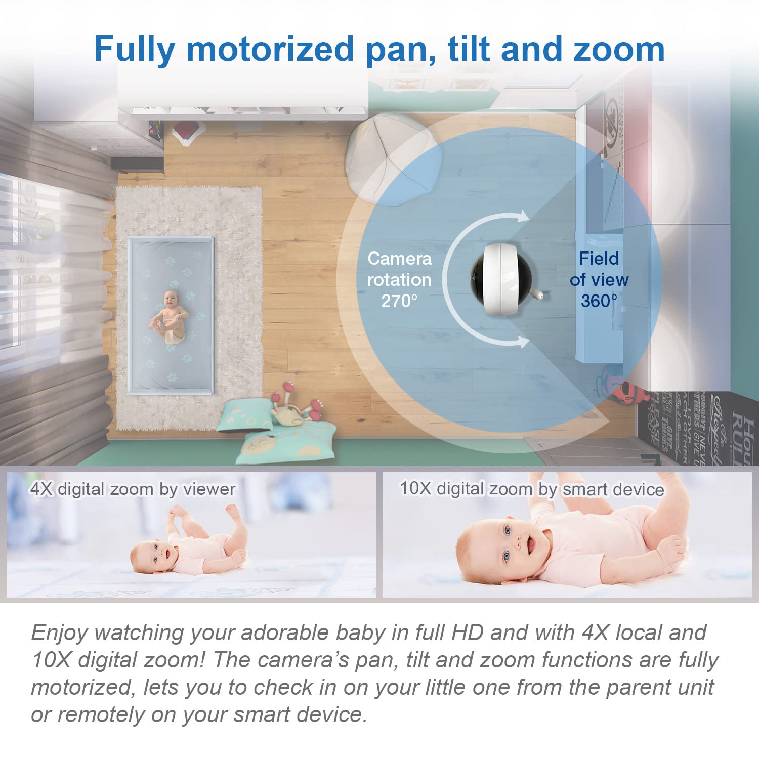 VTech RM7764HD 1080p WiFi Remote Access Baby Monitor, 360° Pan&Tilt, 7' 720p HD Display, HD Night Vision, Soothing Sounds, 2-Way Talk, Temperature Sensor, Motion Detection, iOS & Android