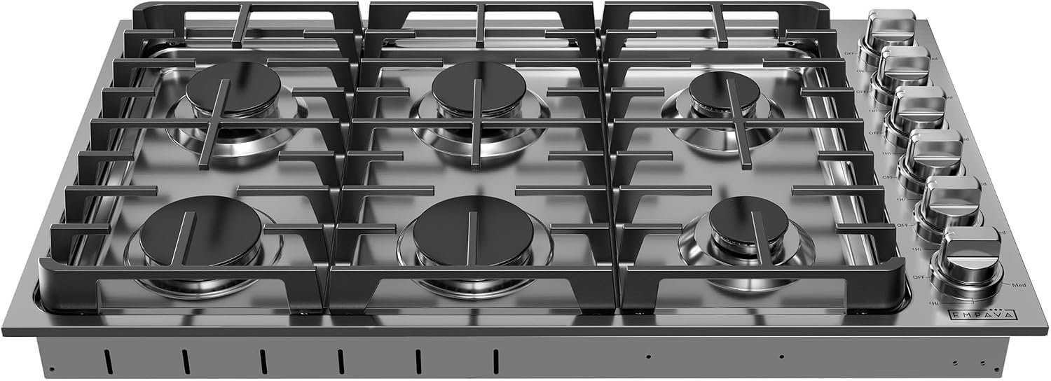 Empava 36 Inch Gas Cooktop with 6 Sealed SABAF Burners, Stainless Steel Built-in Stove Top, LPG/NG Convertible, Auto Electric Pulse Ignition, Flame Failure Protection