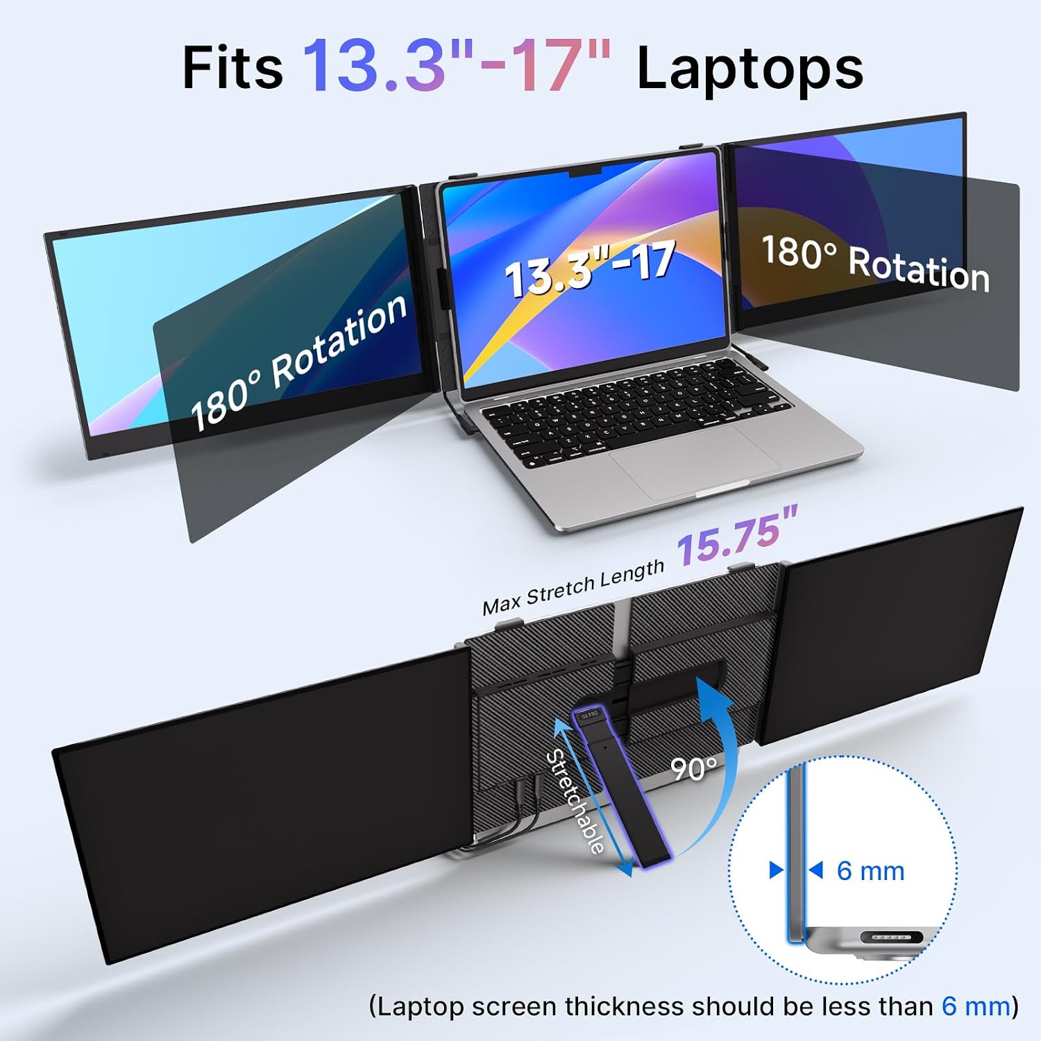 Triple Laptop Screen Extender - Ultra Thin 14' Monitor IPS FHD 1080P Portable Display for 13'-17' Laptops Compatible with Compatible with Windows Mac Chrome Surface Travel Work Setup