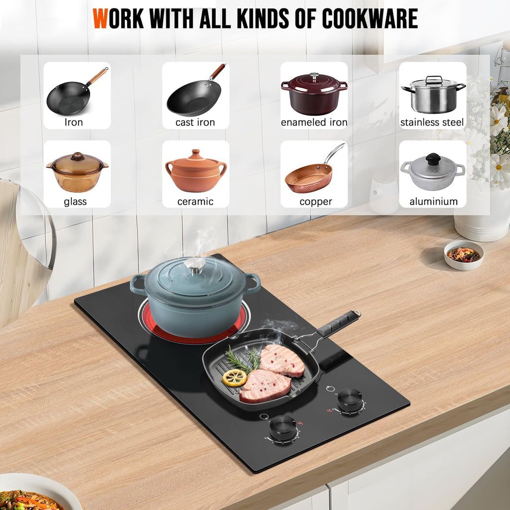 2 Burner Electric Cooktop 110V, 12 Inch Electric Cook Top Plug in, 2000W Electrics Stove with Knob Control, Countertop & Built-in Ceramic Stovetop, 9 Heating Level, Residual Heat Indicator
