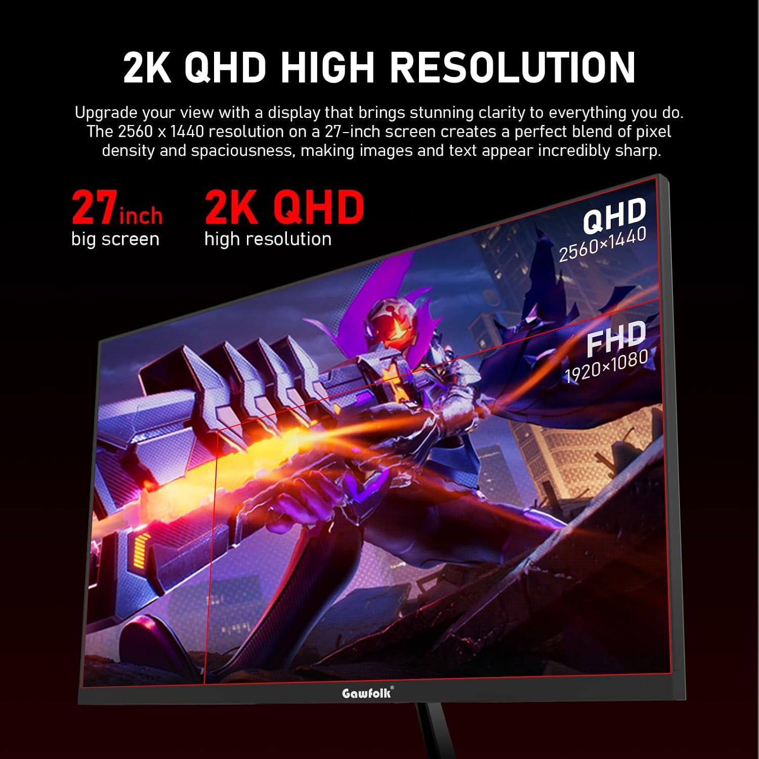 Gawfolk 27 Inch Gaming Monitor IPS 260Hz, QHD 2560 * 1440p PC Monitors, Computer Screen for Home & Office, Support HDMI & DP, Wall Mount Compatible 75 * 75mm, Black