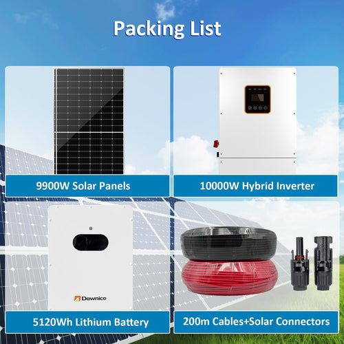 10kW Solar Panel Kit Complete System with 18pcs 550W Bifacial Solar Panels, 5000Wh Lithium Batteries, 10kW Hybrid Inverter, Solar Cables, Solar Connectors for DIY Off Grid Living
