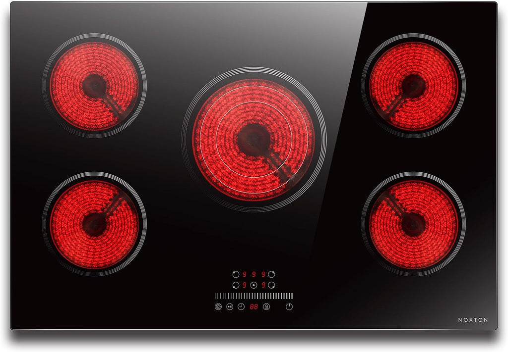 Noxton Electric Cooktop 30 Inch Electric Stove 5 Burners, Built-in Ceramic Cooktop, 9 Heating Level, Pause, Timer, Child Safety Lock, Triple Ring, 220V Hardwire