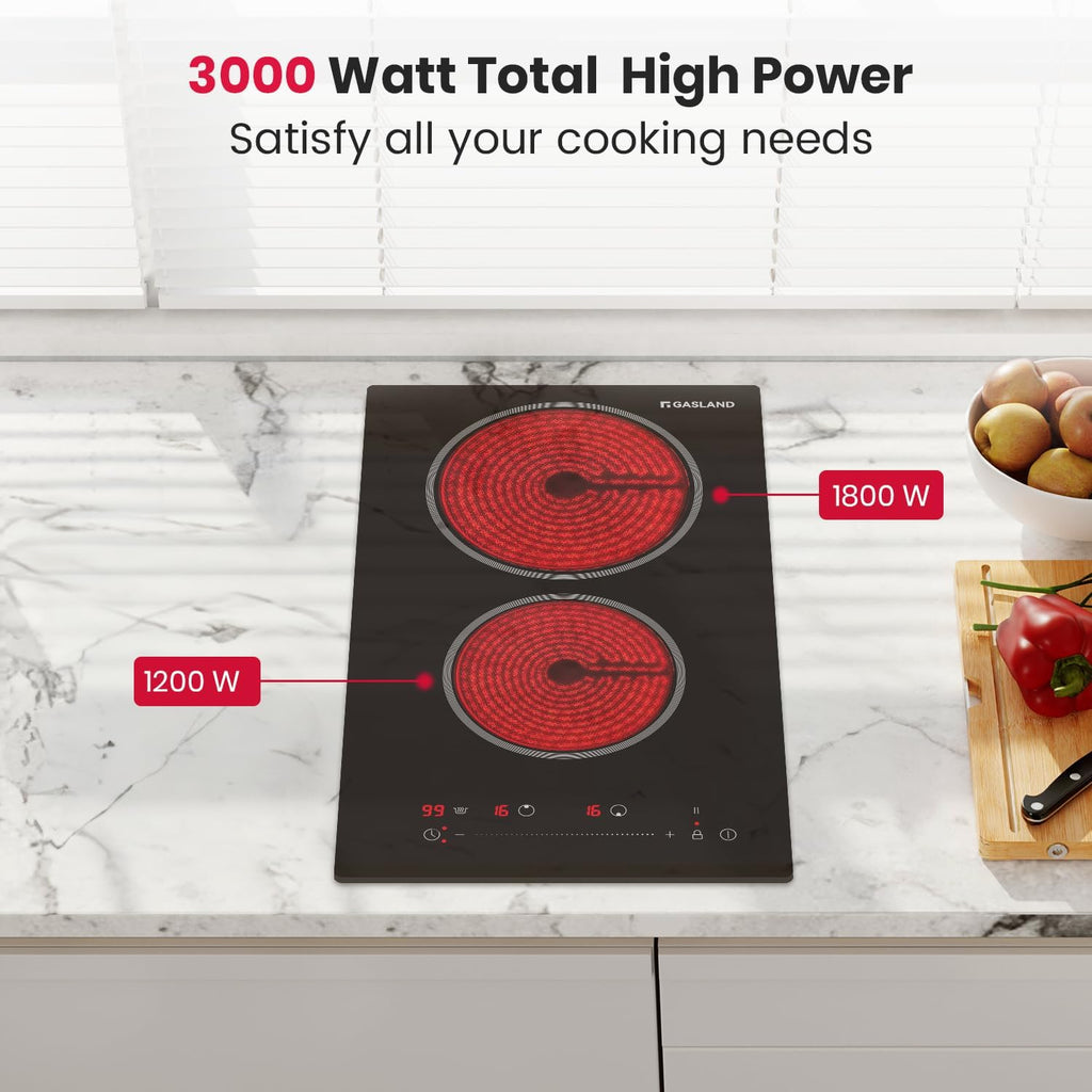 GASLAND 12 Inch Electric Cooktop 2 Burner ETL Certified, 3000W Built-in Electric Radiant Glass Stove Top with 16 Power Levels, 220V Ceramic Hob, Keep Warm, Slide Touch Control & Timer