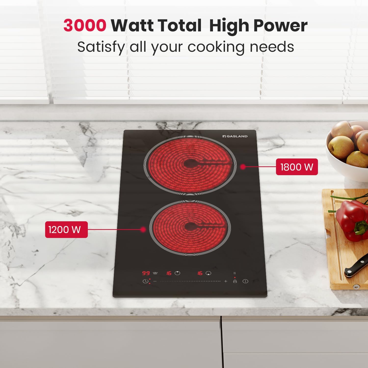 GASLAND 12 Inch Electric Cooktop 2 Burner ETL Certified, 3000W Built-in Electric Radiant Glass Stove Top with 16 Power Levels, 220V Ceramic Hob, Keep Warm, Slide Touch Control & Timer