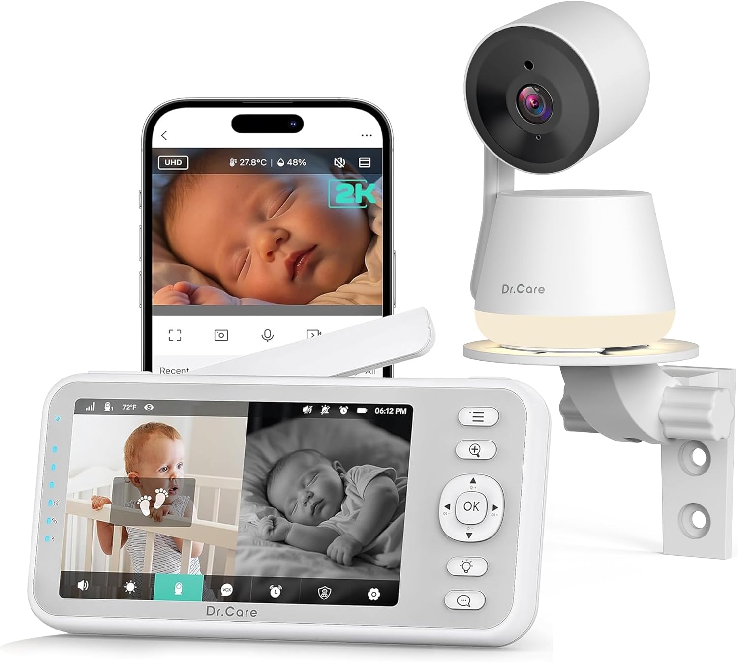 Dr.Care LumiView Smart WiFi Baby Monitor - 5' 1080P FHD & 2K Camera App Control, Privacy Mode, 5000mAh Removable Battery,Cry & Motion Alerts, HD Night Vision, RGB Night Light, Multi-User, 1279ft Range