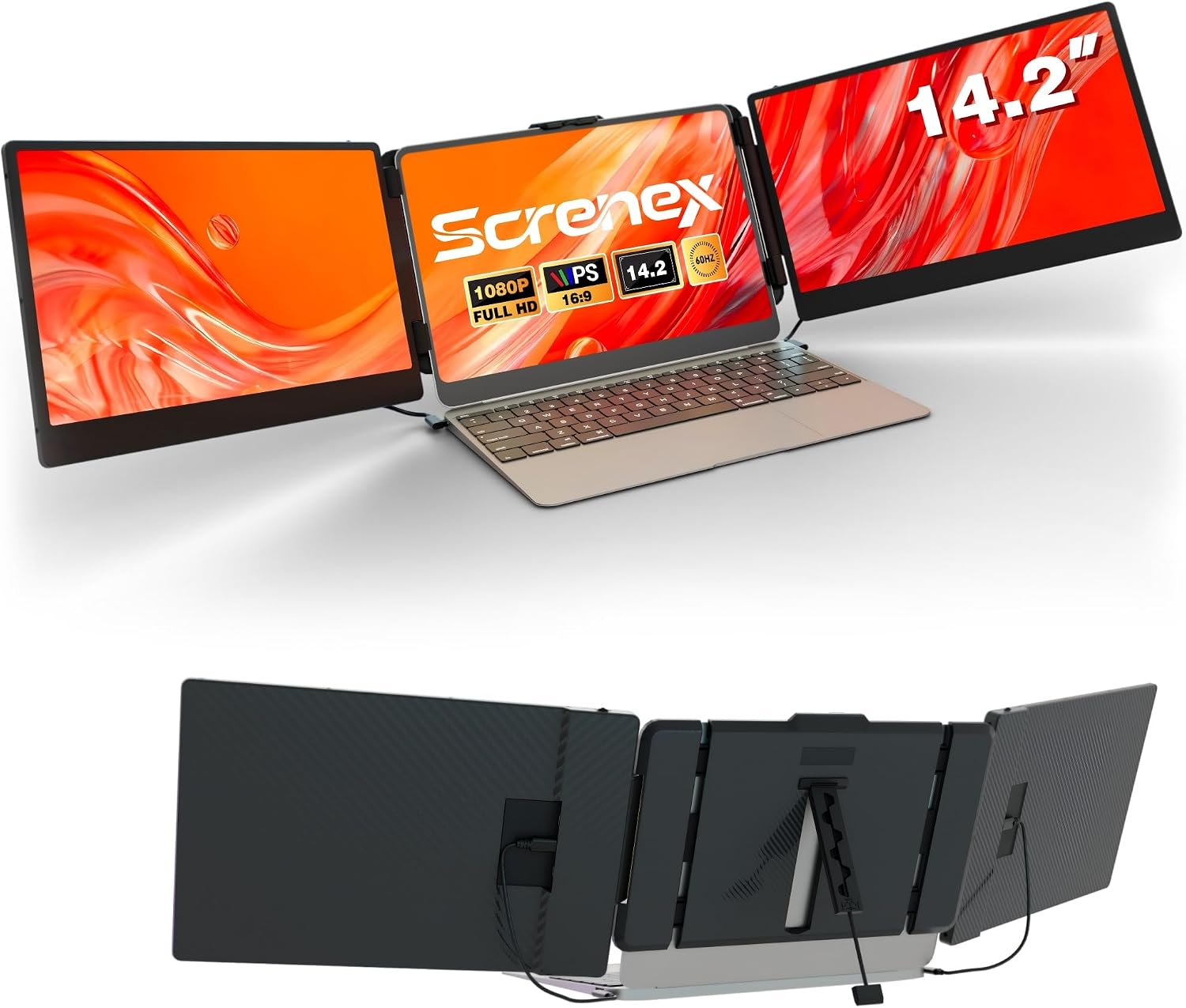 Laptop Screen Extender Triple Monitor, 14.2' Portable Multi Monitor FHD 1080P IPS Ultra-Thin, HDMI/USB-A/Type-C & Plug & Play, Fits 13-17' Laptops, Compatible with Windows/macOS/Android/Switch