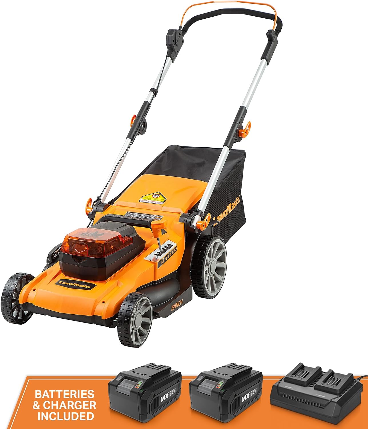LawnMaster 48V MAX Electric Lawn Mower, 19-inch Brushless Cordless Lawn Mower with 2X24V MAX 4.0Ah Battery and a Dual Charger-CLMF4819A