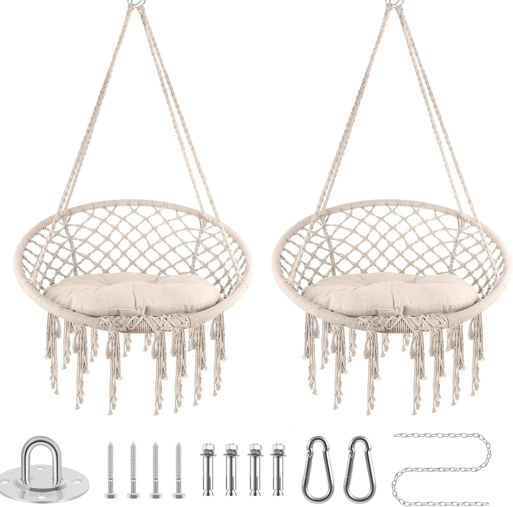 Hammock Chair, 330Lbs Swing Chair for Bedroom, Swing Chair with Comfy Cushion, Hanging Chair, for Bedroom, Porch, Adults, Balcony (Beige 2PCS)