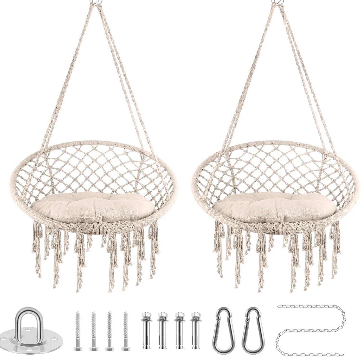 Hammock Chair, 330Lbs Swing Chair for Bedroom, Swing Chair with Comfy Cushion, Hanging Chair, for Bedroom, Porch, Adults, Balcony (Beige 2PCS)