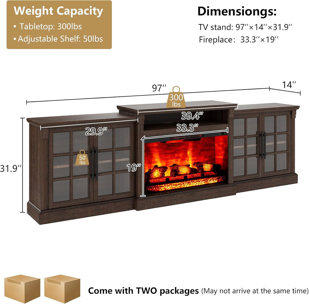 LUXOAK 97' Farmhouse TV Stand with 33' Fireplace for TVs up to 100', Media Entertainment Center with Large Storage Cabinet and Adjustable Shelves for Living Room, Rustic Brown