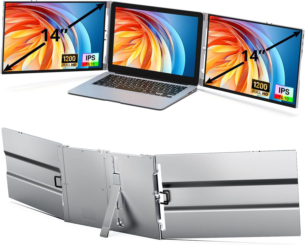 AYY Laptop Screen Extender, 14' FHD 1200P Portable Triple Monitor for 13'-17' Laptops, Aluminum Alloy Stand, Compatible with MacOS/Windows/Chrome