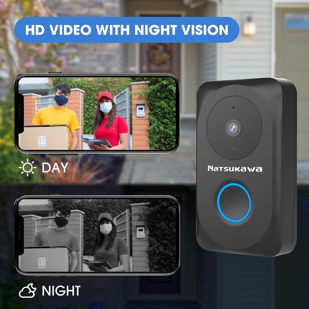NATSUKAWA Doorbell Camera Wireless - Smart WiFi Video Doorbell with Chime- App Alerts, IP65, Night Vision, 2 Way Audio, Powered Smart Security Camera Video Wireless Doorbell for Home, Easy Install