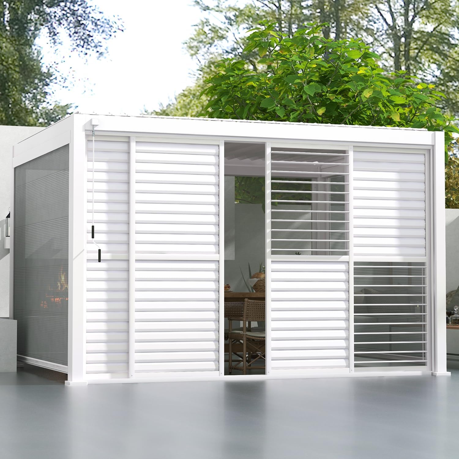 Mirador Accessory - 13' Sliding Louver Door for Mirador Pergola 111 Series, 4 Panel Detachable Moveable Sun Shade Privacy Door, White