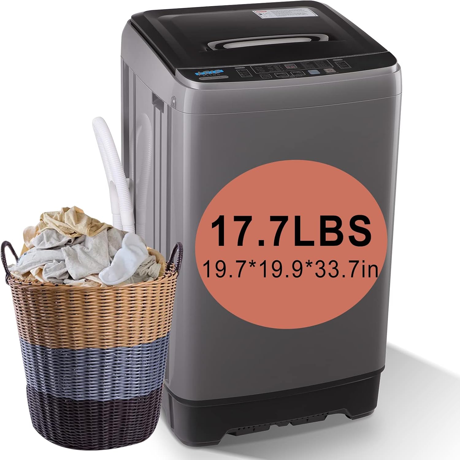 KRIB BLING Full-Automatic Washing Machine with Drain Pump, 17.7 lbs Compact Washer, 10 Wash Program & 8 Water Level, Ideal for Apartment, Dorm, Grey
