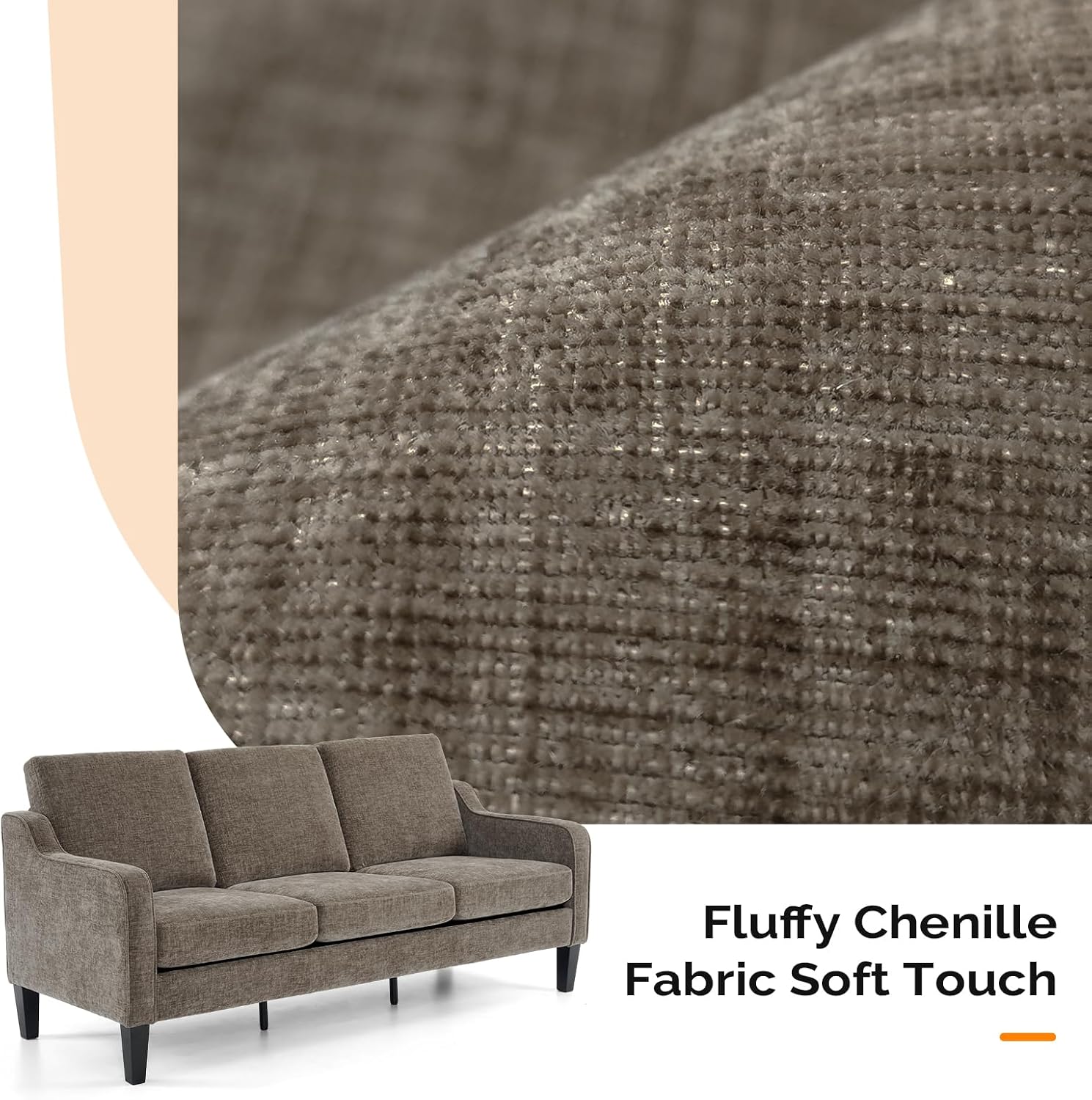 VINGLI Couches for Living Room, Brown 71' Small Sofa Mid Century Modern Couches 3 Seater Comfy Couch Upholstered Soft Chenille Floor Couch for Bedroom, Apartment, Office