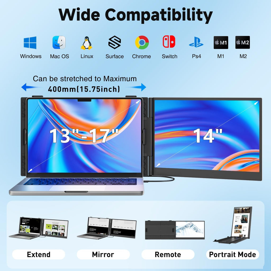 KEFEYA Laptop Screen Extender, 14' FHD 1080P Portable Monitor for Laptops, 0.19' Ultra-Thin Laptop Monitor Extender for 13-17' with USB-C/HDMI Port, Plug n Play for Windows/Mac/Android/Switch/PS5