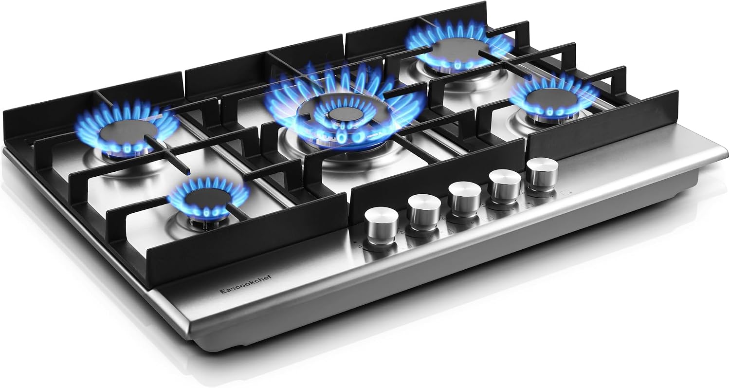 Eascookchef 30 inch Gas Cooktop, Gas Stove Top with 5 High Efficiency Burners, Bulit-in Stainless Steel Propane Cooktop for Kitchen, NG/LPG Convertible Stovetop, Thermocouple Protection