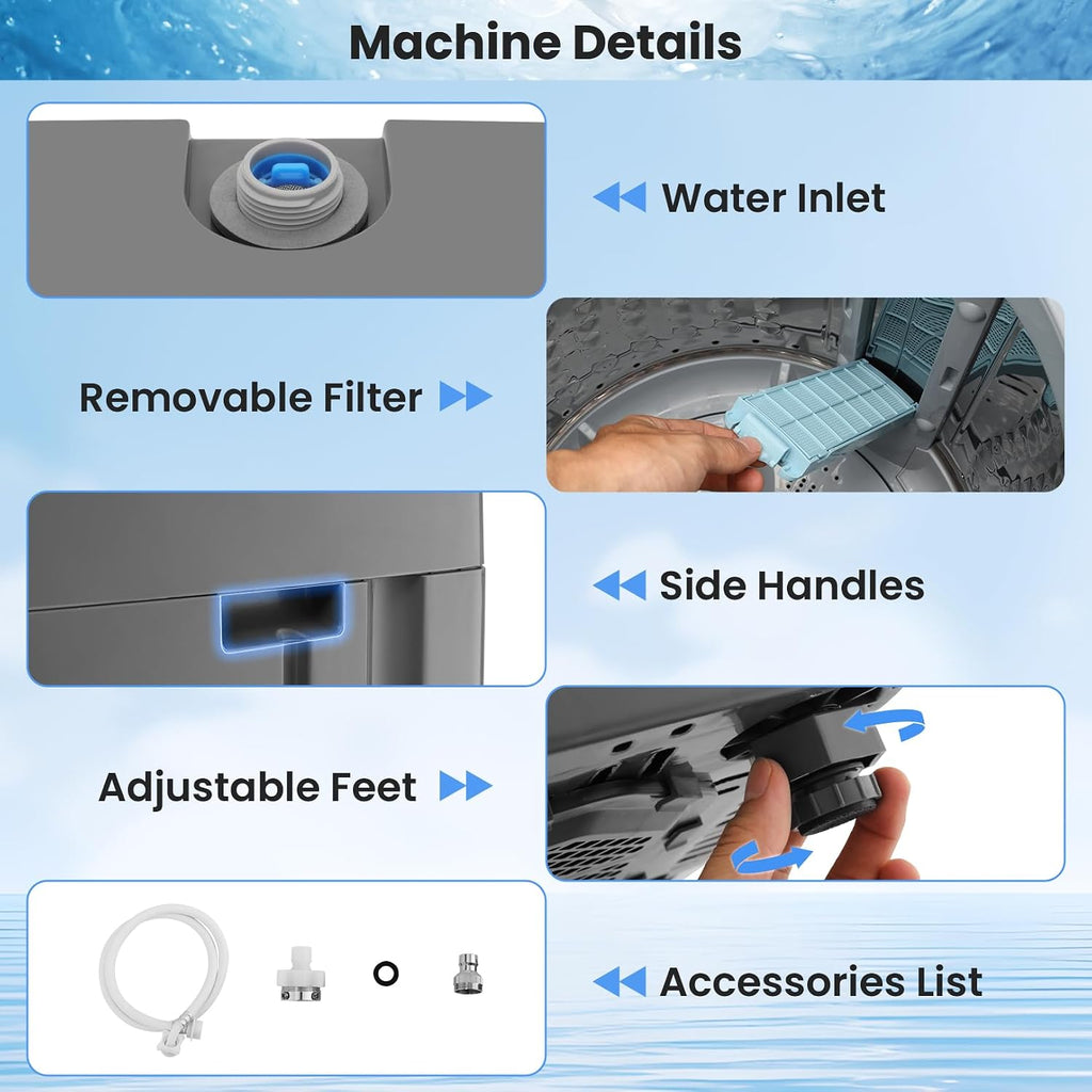 Nictemaw Portable Washing Machine 17.8 lbs, 2.4 Cu.Ft Full-Automatic Washer with Drain Pump, 10 Programs & 8 Water Levels, Efficient Compact Laundry Washer for Small Homes, Apartments, RVs, Dorms