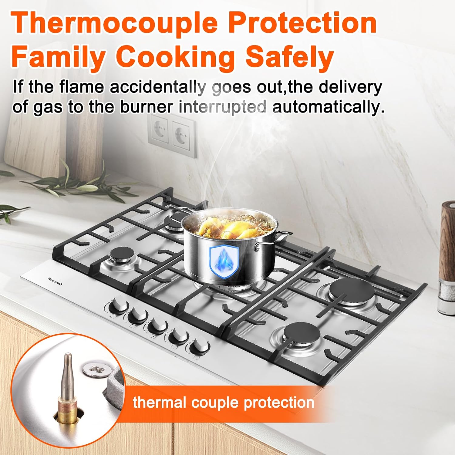 30 Inch Gas Cooktop, 5 Burners Built in Gas Stove Top, NG/LPG Convertible Propane Cooktop, Auto Ignition, Stainless Steel Surface, Cast Iron Grates, Thermocouple Protection, ETL