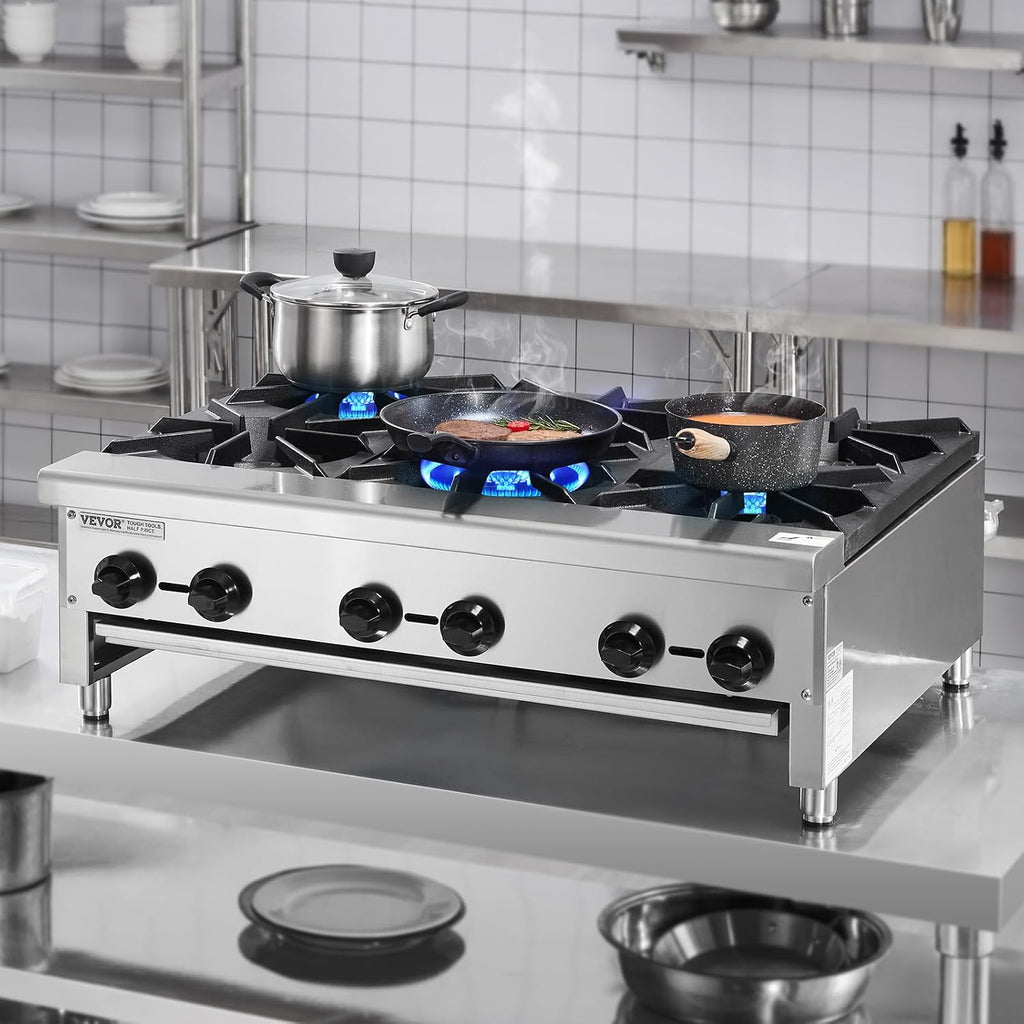 VEVOR Commercial Gas Stove with 6 Burners, Propane and Natural Gas Countertop Cooking Stove Range, Stainless Steel Gas Hot Plate, Commercial Cooking Equipment for Restaurant, 168,000 BTU
