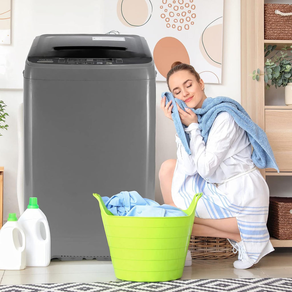 Anukis Fully Automatic Washing Machine, 13 lbs Capacity Compact Laundry Washer with Drain Pump 10 Wash Program & 8 Water Levels for Apartment, Dorm-Grey