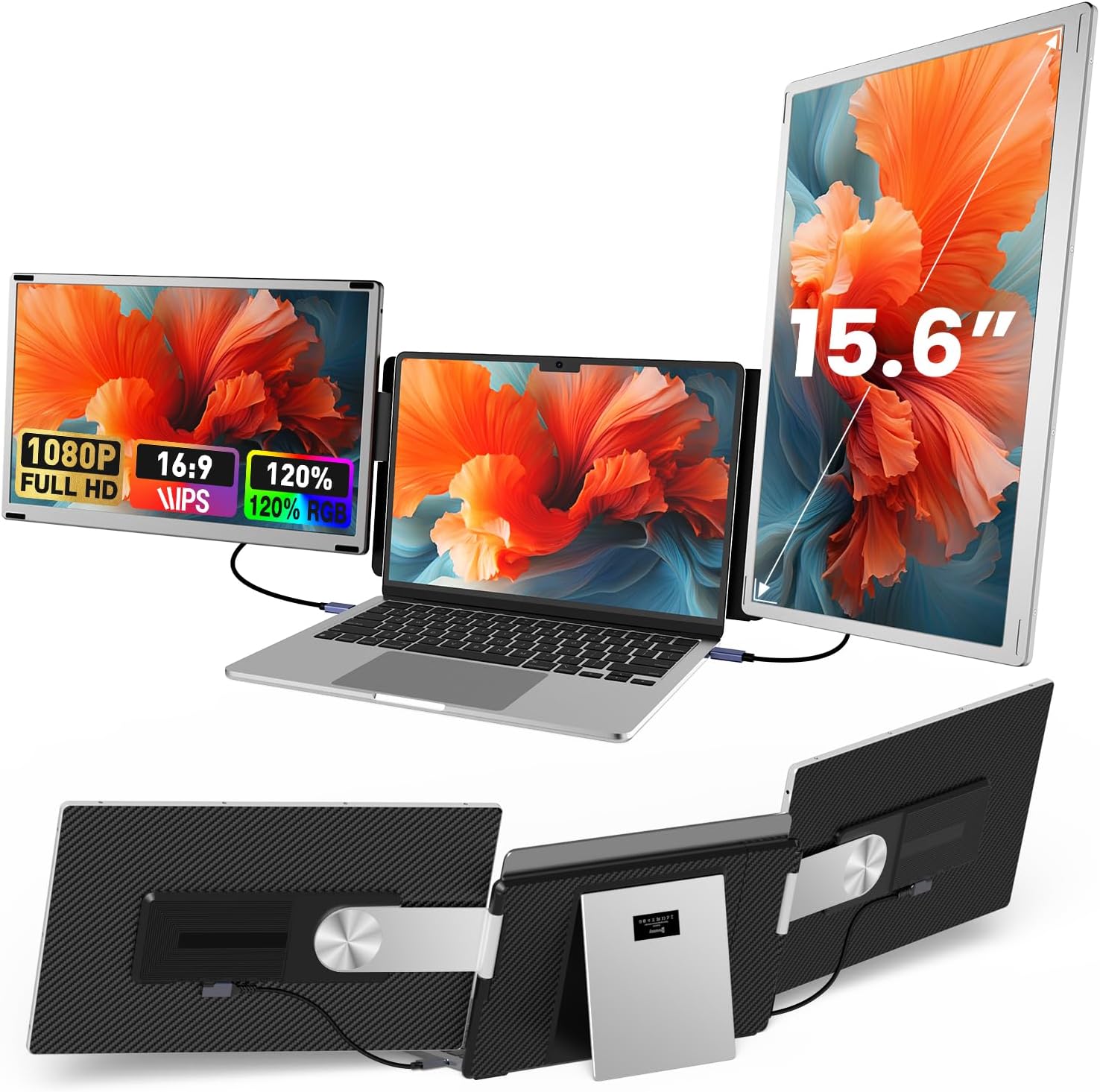 15.6' Laptop Screen Extender, 1080P FHD Laptop Monitor Extender with 120% sRGB, 235°Rotation Detachable Dual Monitor, Plug & Play, Triple Screen Compatible with Windows, Mac, Chrome