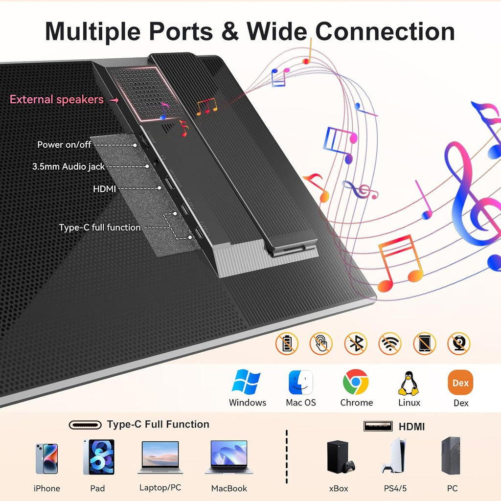 Portable Monitor 16' 1200P FHD Laptop Screen Extender, Horizontal Vertical Monitors with External Speakers, 100% sRGB Plug & Play Computer Gaming Travel Second Screen for Wins Mac Phone PS5 Xbox