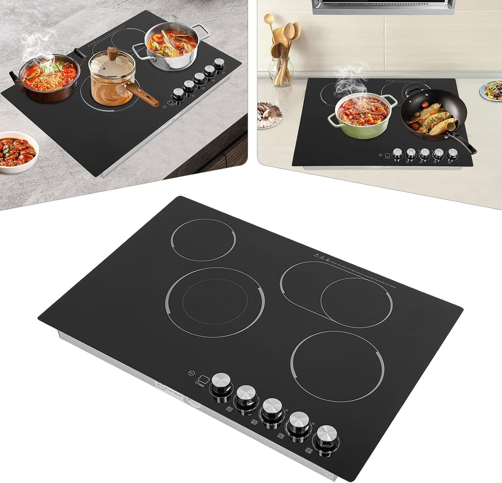 Electric Cooktop 24 Inch, 3700W Drop-in 4 Burner Electric Stovetop in Black with 5 Power Levels, 0-99 Minute Timer, Child Safety Lock, 110V - 23.62x20.08x3.94in(No Plug)