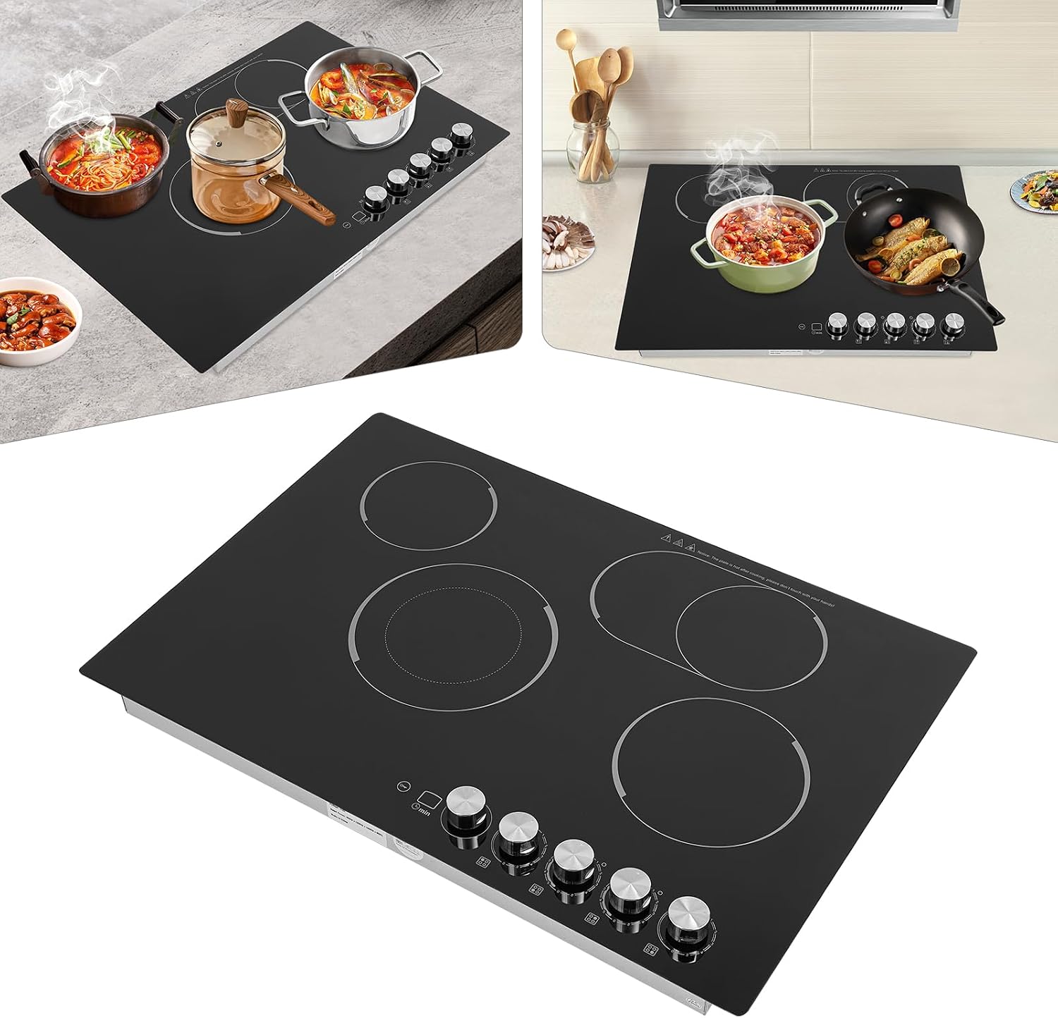Electric Cooktop 24 Inch, 3700W Drop-in 4 Burner Electric Stovetop in Black with 5 Power Levels, 0-99 Minute Timer, Child Safety Lock, 110V - 23.62x20.08x3.94in(No Plug)