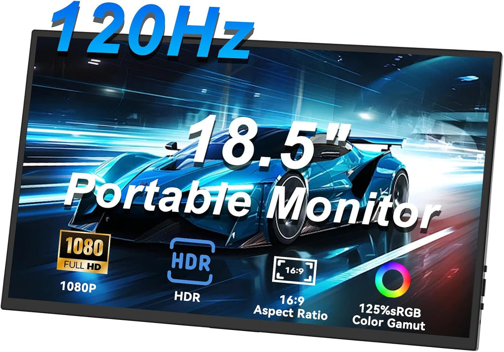 18.5' Large Portable Monitor,Monitor,120HZ 1ms Gaming Monitor,125% sRGB,FreeSync, HDR 350Nits,USB-C & HDMI,Large Travel External Second Screen for Laptop, Computer, Game Consoles (18.5')