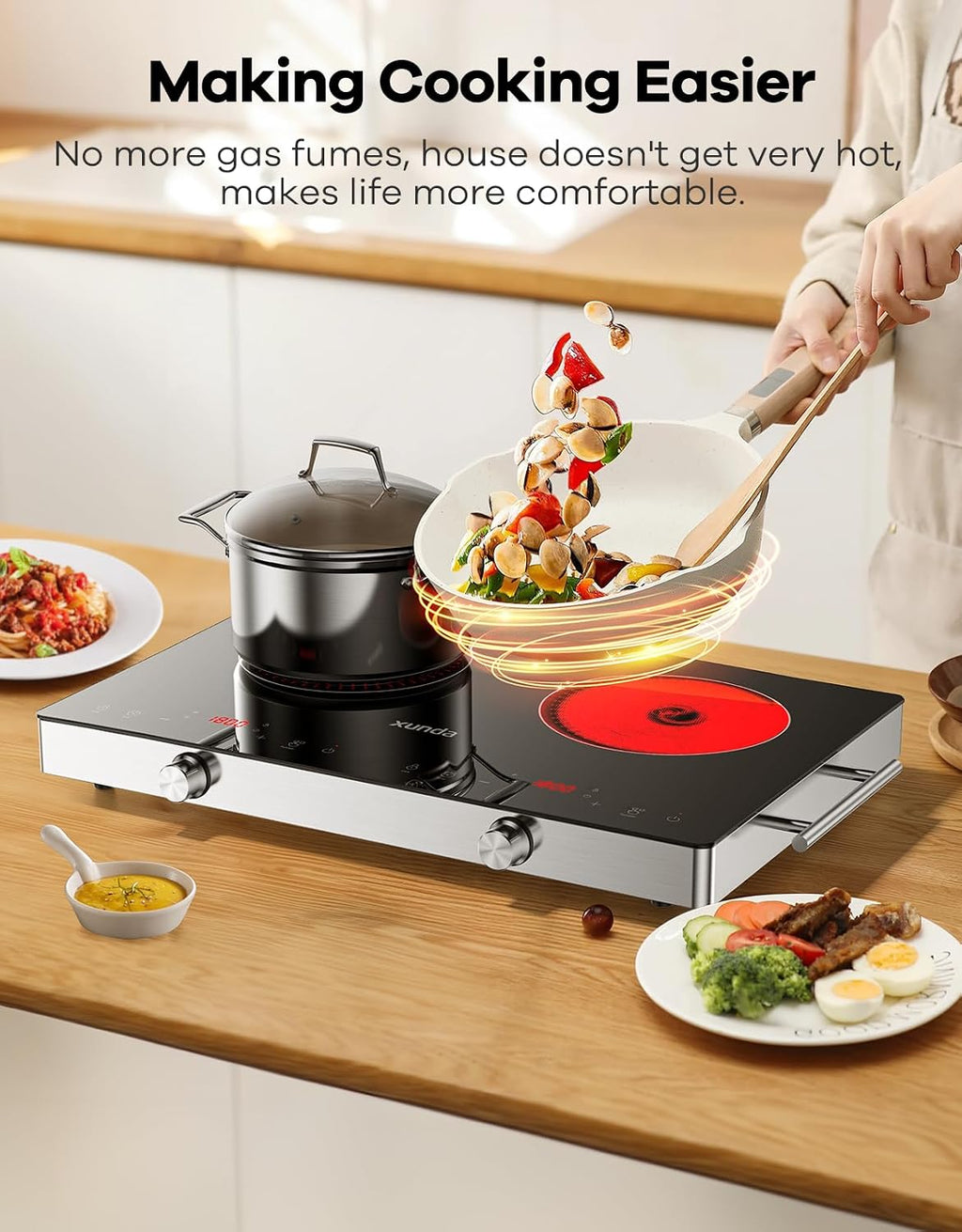 2 Burner Electric Cooktop 110V, Hot Plates Electric with Carry Handle, Ceramic Cooktop for Home, VR, 1800W Touch & Knob Control Timer, Safety Lock (Black)