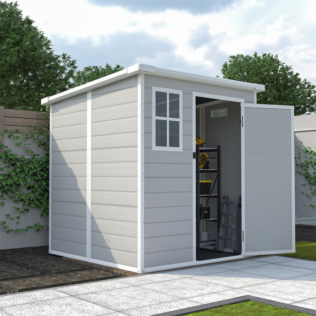 6 x 6 FT Storage Shed, Waterproof Resin Outdoor Storage Shed with Floor & Window & Lockable Doors and Vents, Tool Shed for Bike, Garden, Backyard, Lawn, All Weather Use, Light Grey
