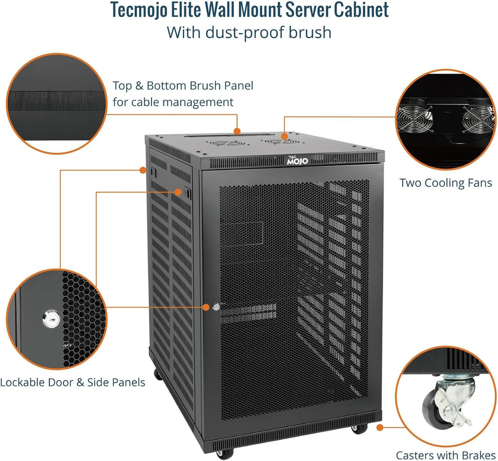 Tecmojo 18U Wall Mount Rack,18U Rack 23.6 Inch Depth,Hold Up to 176 Lbs,Server Rack with Casters,Enclosed Network Cabinet for 19 Inch Network,Server and AV Gear,Mesh Door(Elite Collection)