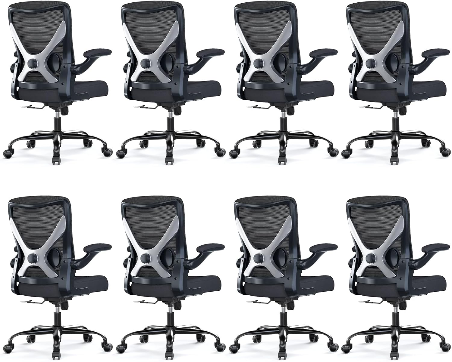 Ergonomic Office Chair - X-Shaped Computer Desk Chairs Comfy, Mesh High-Back Gaming Chair with Adjustable Lumbar Support, Executive Task Chair for Adults, Comfortable for Long Hours, Black, Pack of 8
