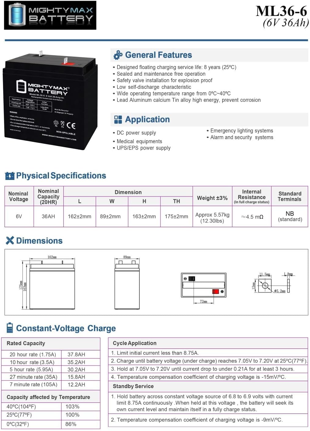 Mighty Max Battery ML36-6NB - 6 Volt 36 AH, NB Terminal, Rechargeable SLA AGM Battery - 10 Pack