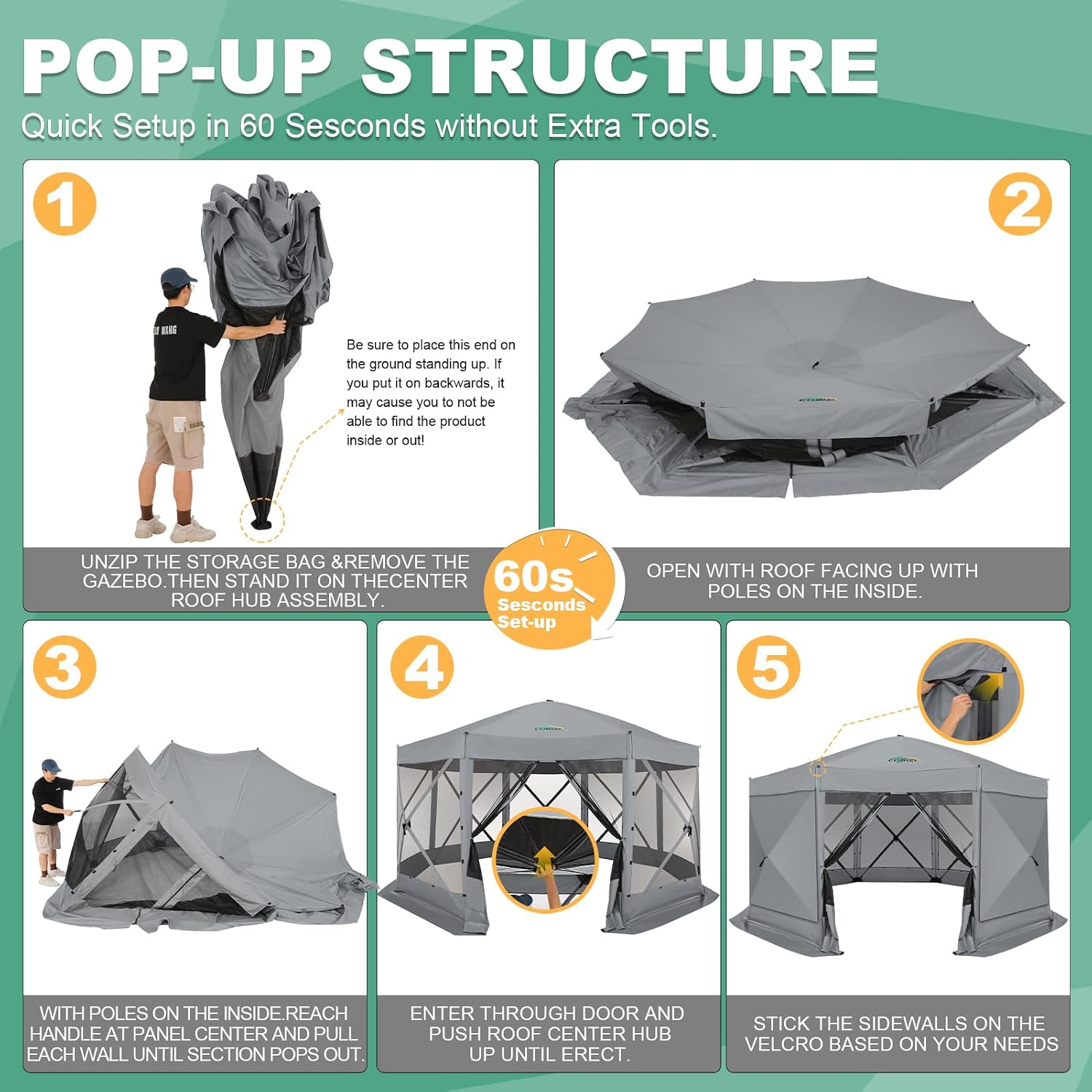COBIZI 15x15 FT Pop Up Gazebo - Canopy Tent, Large Gazebos On Clearance with Sidewalls, Screened in Gazebo,carpas para Patio,Portable Screen Tents for 12-15 Persons Outdoor Camping, Backyard, Gray
