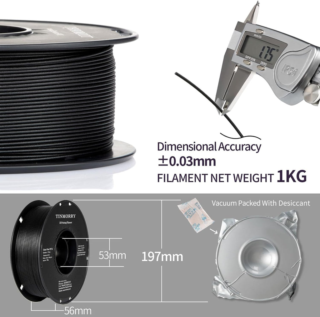 10 Rolls Glass Fiber PETG Filament 1.75 mm, TINMORRY PETG GF 3D Printer Filament, Fits Bambu Lab FDM 3D Printers, 1KG 1roll, 10 KG, Frosted Black