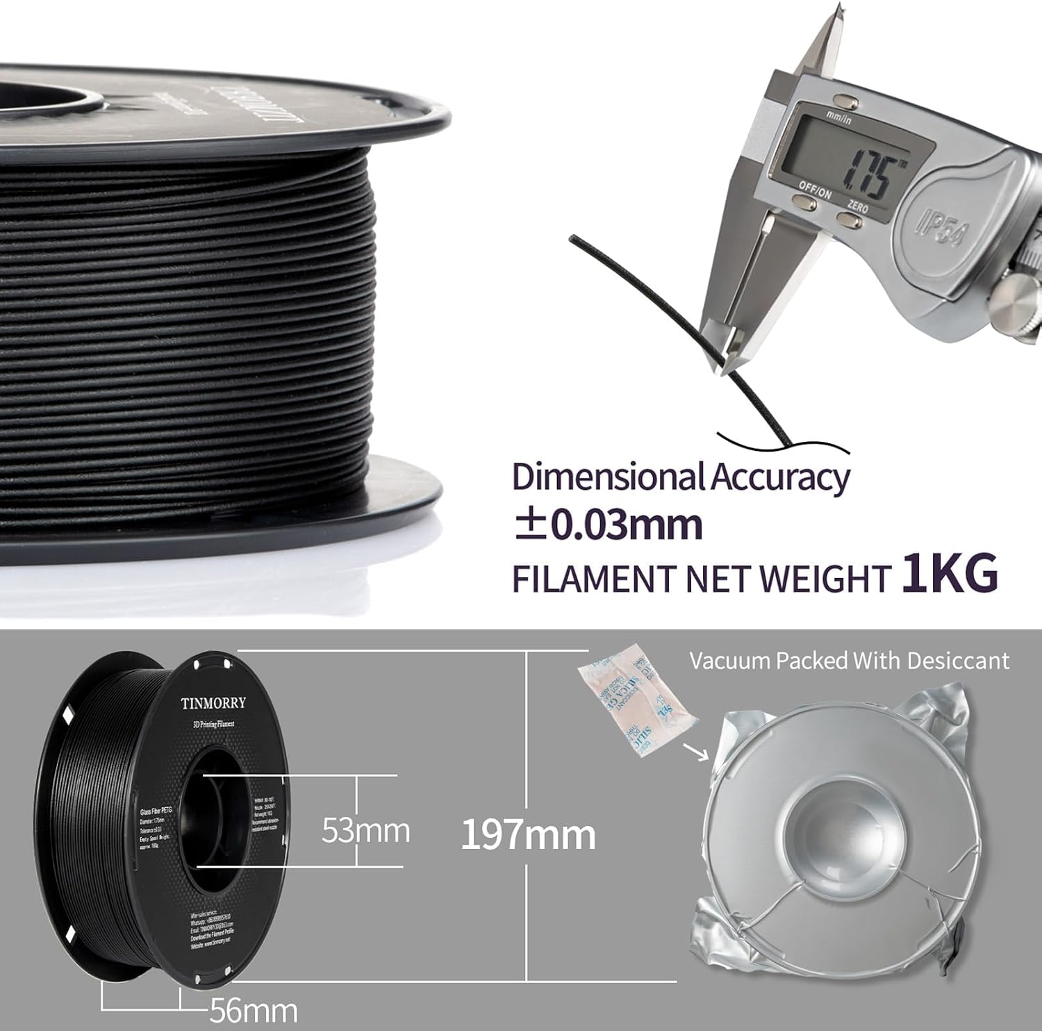 10 Rolls Glass Fiber PETG Filament 1.75 mm, TINMORRY PETG GF 3D Printer Filament, Fits Bambu Lab FDM 3D Printers, 1KG 1roll, 10 KG, Frosted Black