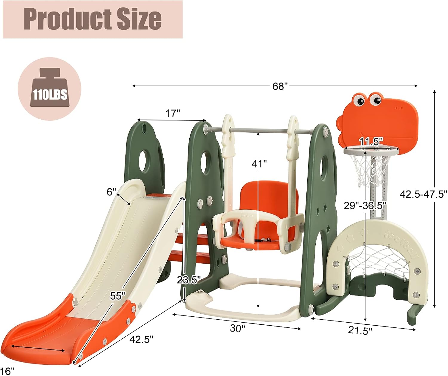 Costzon 6 in 1 Toddler Slide and Swing Set, Kids Large Climber Slide Playset with Basketball Hoop, Football Gate and Golf Hole, Playground Swing Set for Indoor Outdoor Backyard 2-12 Gifts Presents