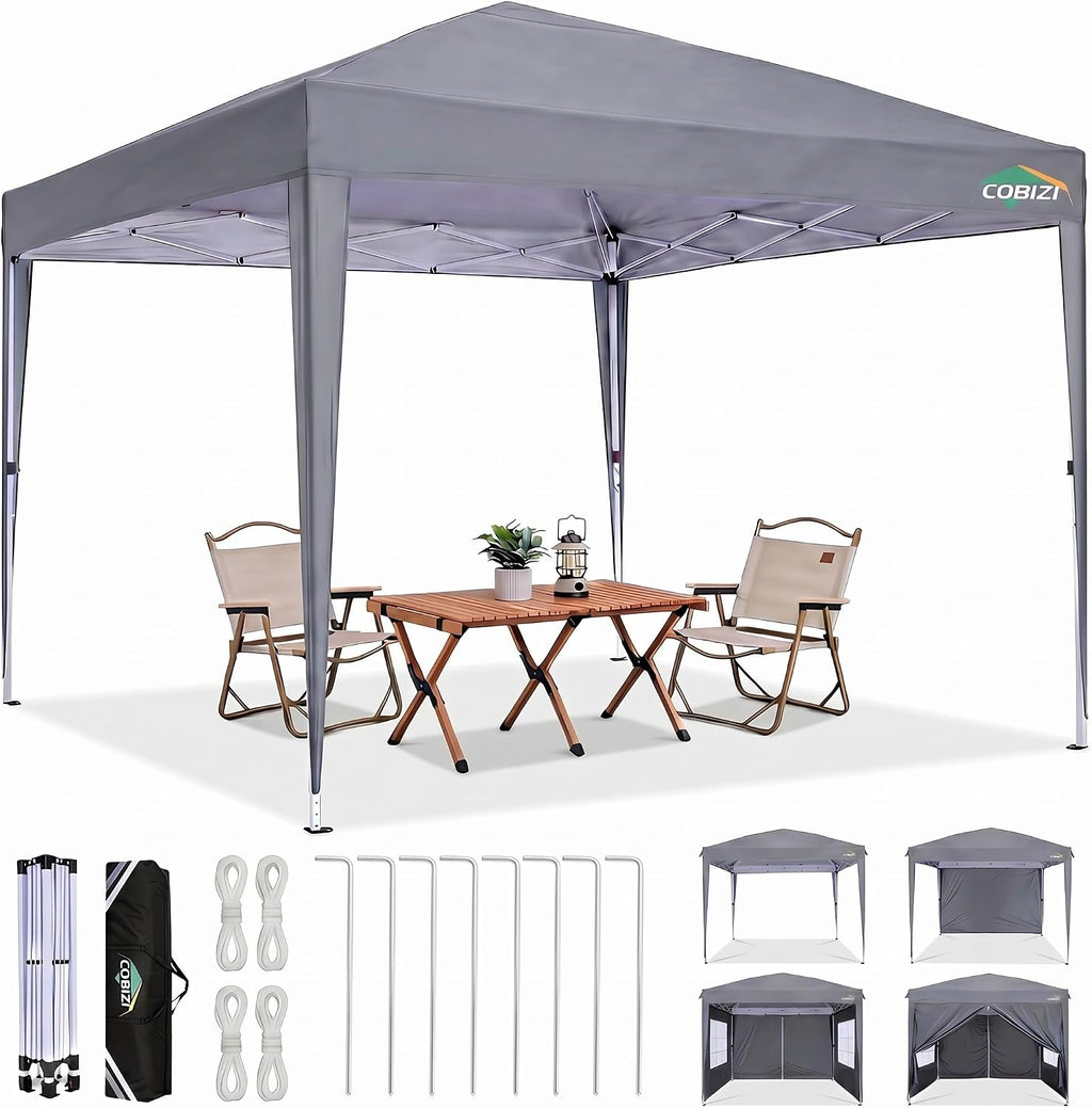 COBIZI 10x10 Pop up Canopy Tent, 10 by 10 Easy Setup Pop up Gazebo with 4 Sidewalls & Center Lock, Small Portable Instant Waterproof Outdoor Tent Canopy for Patio Backyard Vendor Event Sports (Gray)