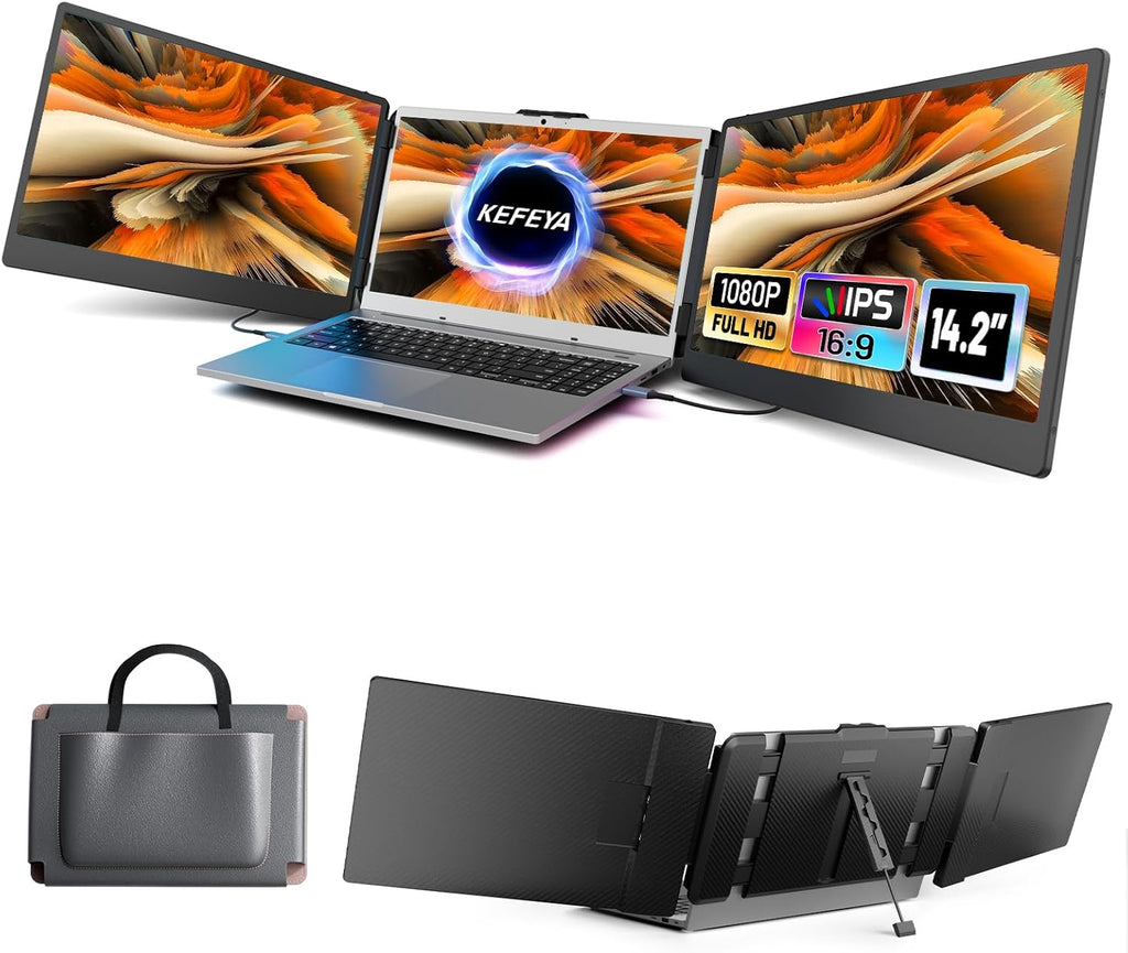 KEFEYA Laptop Screen Extender, 14.2' Portable Triple Monitor for Laptop with Full HD IPS Display, Monitor Extender Compatible with Mac, Windows, Chrome, Fits 13-17 Inch Laptops